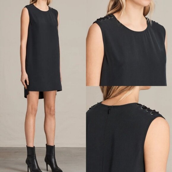 Allsaints Kaili Black Laced Dress Size 2 Shift Minimalist Split 100% Modal Mini - Picture 2 of 14